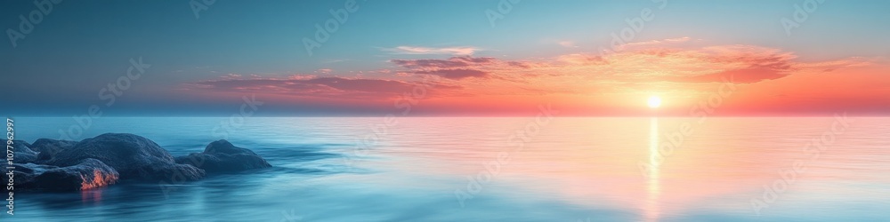 Serene sunset over calm ocean waters with rocky foreground. Serene sunset over calm ocean waters with rocky foreground.
