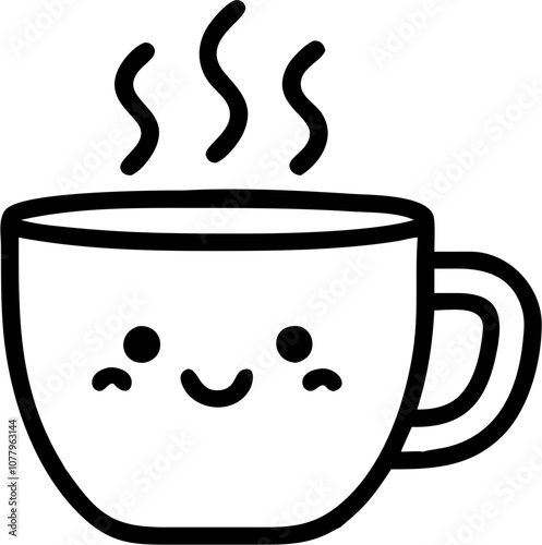 Cute smiling coffee cup with steam vector illustration in black and white, minimalistic kawaii style line art