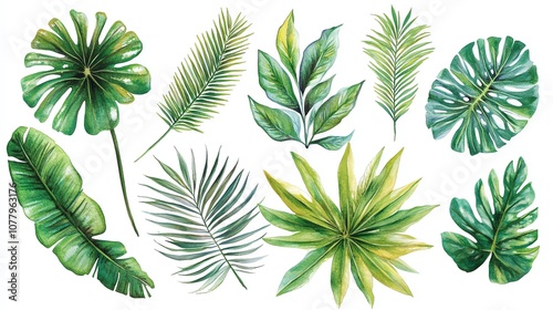 A collection of 10 tropical leaves, painted in a watercolor style, on a white background.