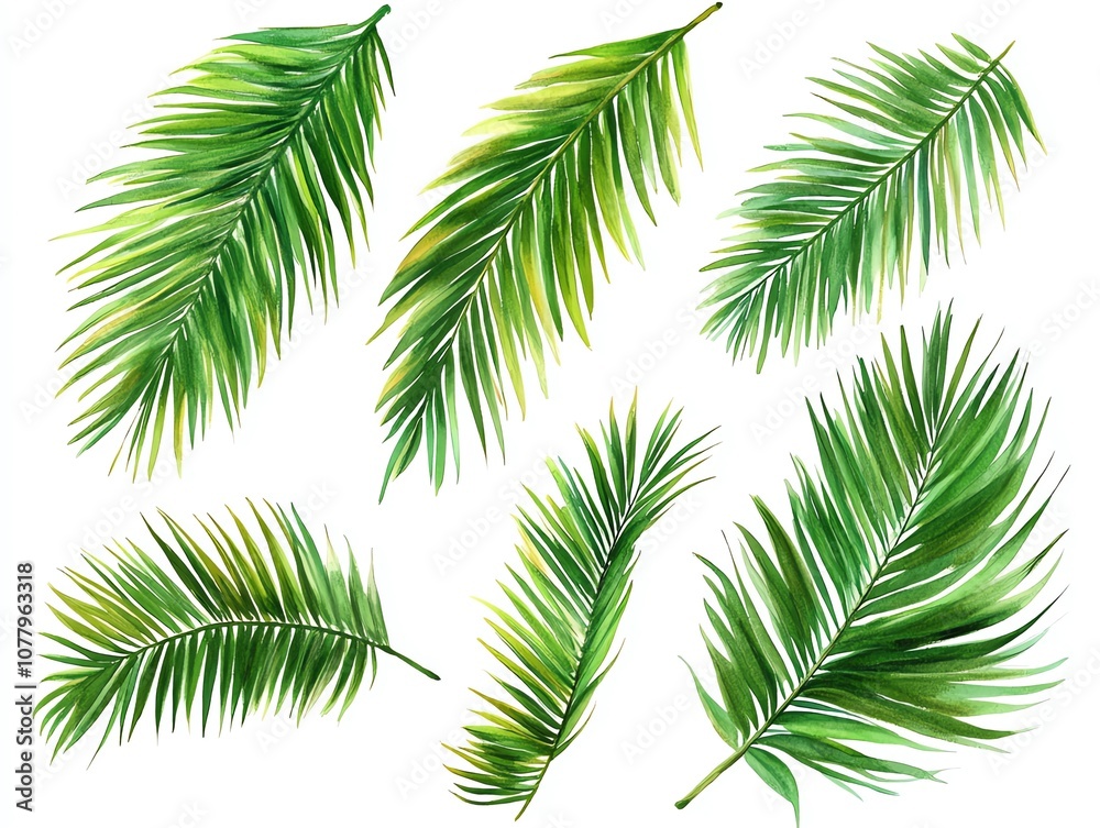 Obraz premium A collection of eight palm leaves isolated on white background. The leaves are arranged in a variety of positions and angles.