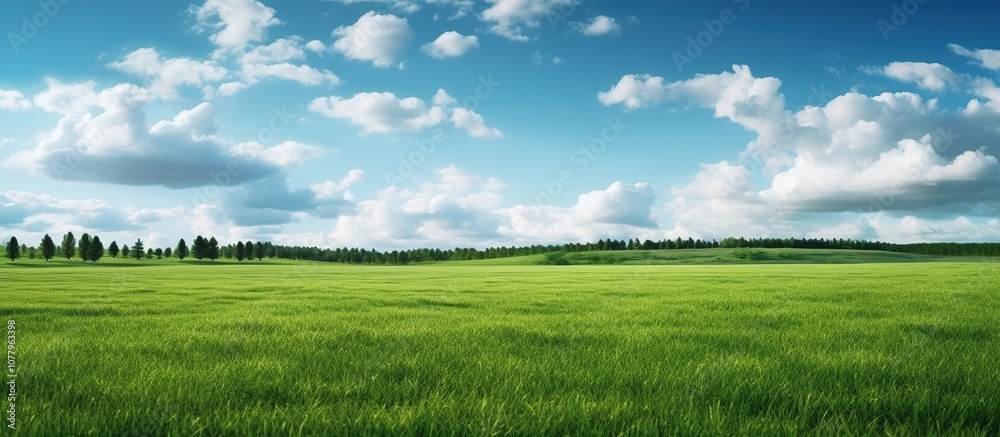 Obraz premium Expansive Green Field Under a Bright Blue Sky with Fluffy White Clouds and Lush Tree Line in the Background Capturing Nature's Beauty and Tranquility