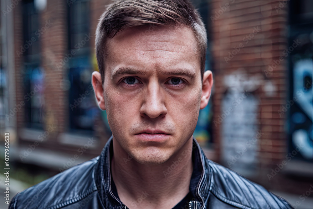 Portrait of a man with a serious expression, wearing a leather jacket, against an urban backdrop Portrait of a man with a serious expression, wearing a leather jacket, against an urban backdrop