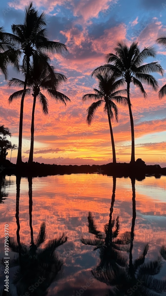 Tropical sunset with palm trees reflected on Tropical sunset with palm trees reflected on