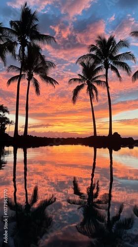 Tropical sunset with palm trees reflected on