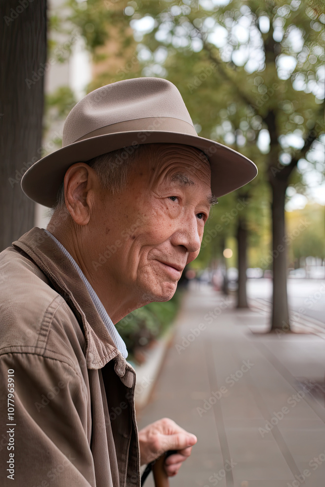 An elderly man walking with a cane along a tree-lined street, with a calm and peaceful expression An elderly man walking with a cane along a tree-lined street, with a calm and peaceful expression
