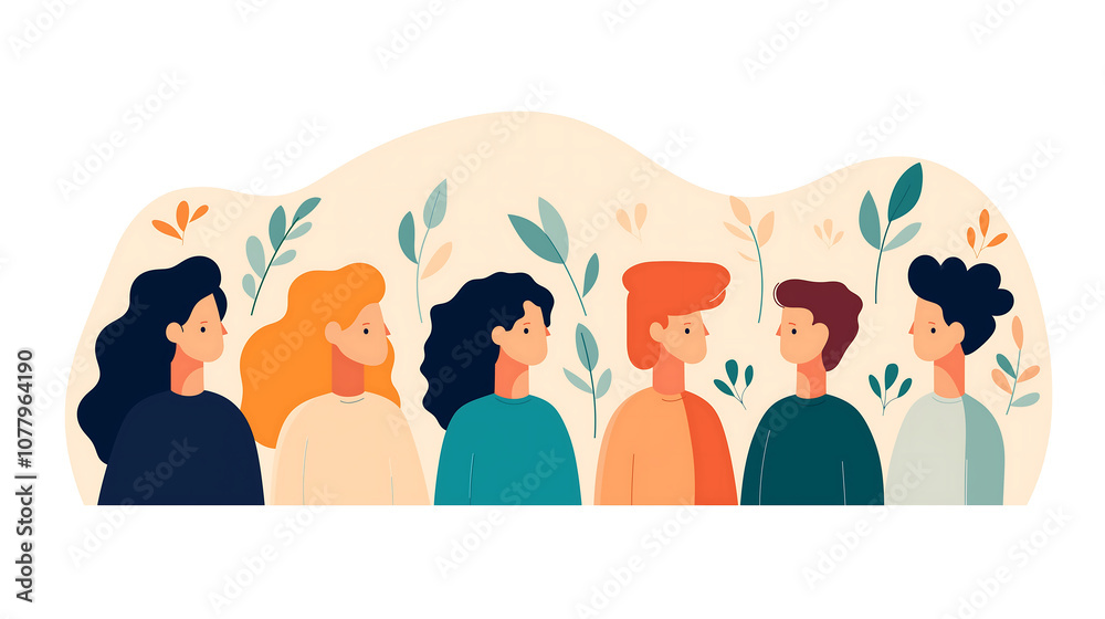 A group of people, minimalistic characters with varied hairstyles and vibrant clothing. The background is soft beige, creating a warm and friendly atmosphere and conveying community and diversity.