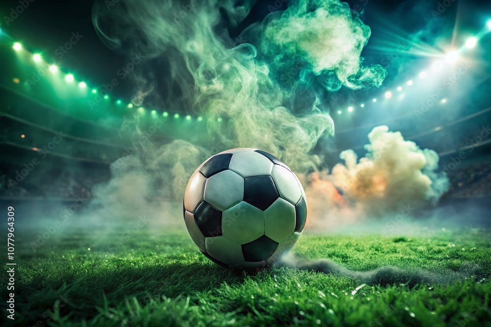 Fototapeta premium Intense Macro View of a Football on Stadium Grass Surrounded by Wisps of Smoke, Capturing the Essence of the Game in an Atmospheric Setting