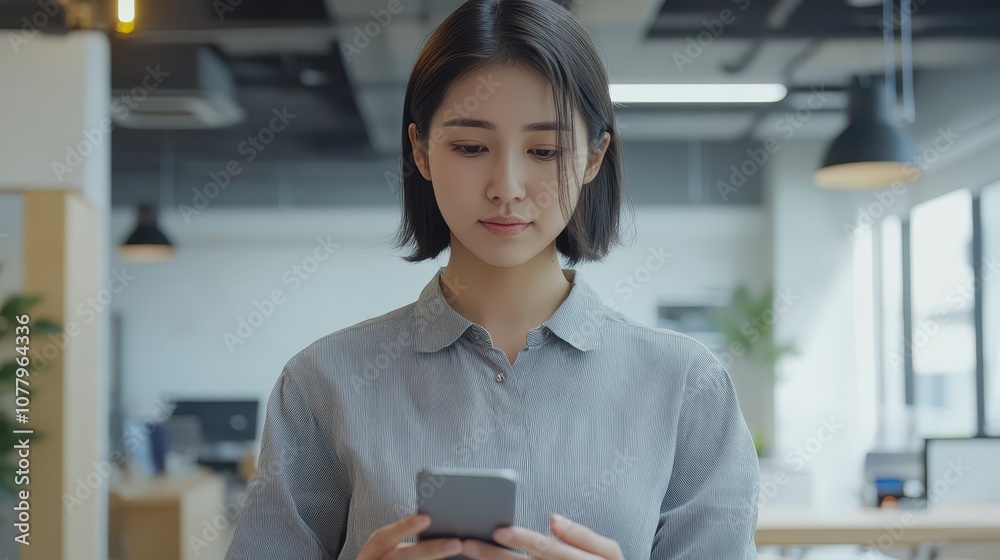 Obraz premium Calm Asian woman, short bob, grey shirt, checking phone notifications in an open office space