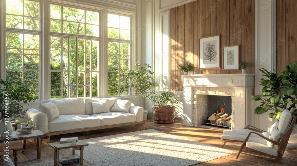 Fototapeta premium A bright and airy living room with a fireplace, large windows, and a white sofa.