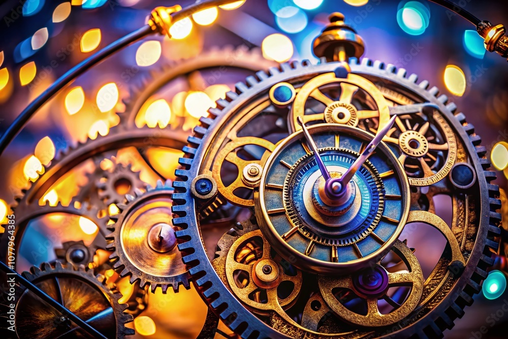Obraz premium Intricate Clock Mechanism with Bokeh Effect: Captivating Close-Up of Gears and Springs in Motion, Highlighting the Beauty of Timekeeping Technology and Craftsmanship