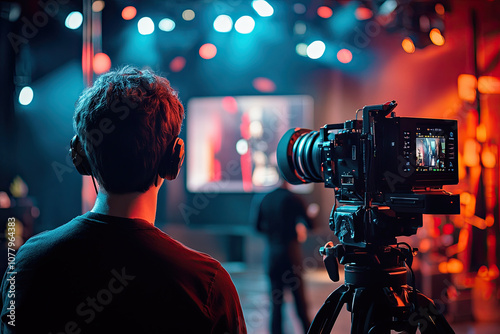 TV host interviewing a guest on a brightly lit stage photo