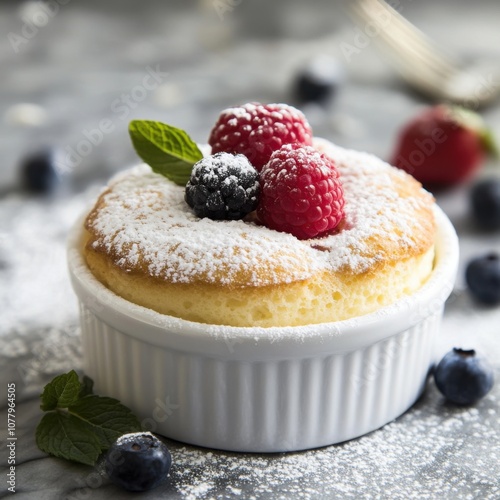 A fluffy and golden soufflé with a light dusting of powdered sugar, served in a white ramekin, Soufflé centered with a few fresh berries photo