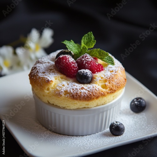 A fluffy and golden soufflé with a light dusting of powdered sugar, served in a white ramekin, Soufflé centered with a few fresh berries