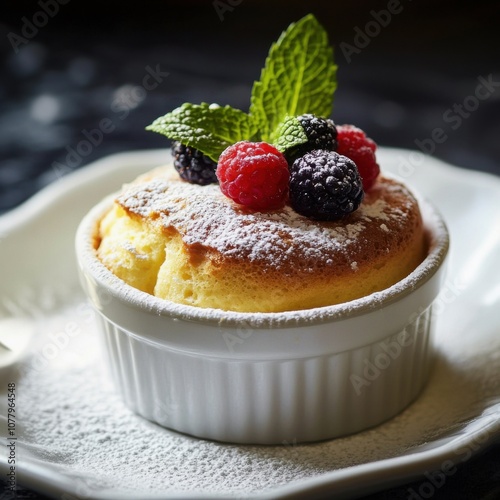 A fluffy and golden soufflé with a light dusting of powdered sugar, served in a white ramekin, Soufflé centered with a few fresh berries photo