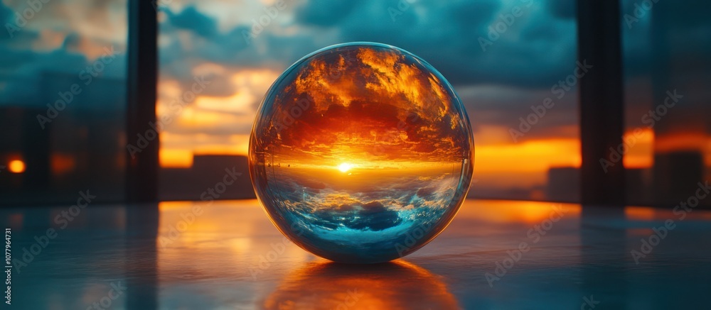 A crystal ball reflecting a vibrant sunset with orange and blue hues. A crystal ball reflecting a vibrant sunset with orange and blue hues.