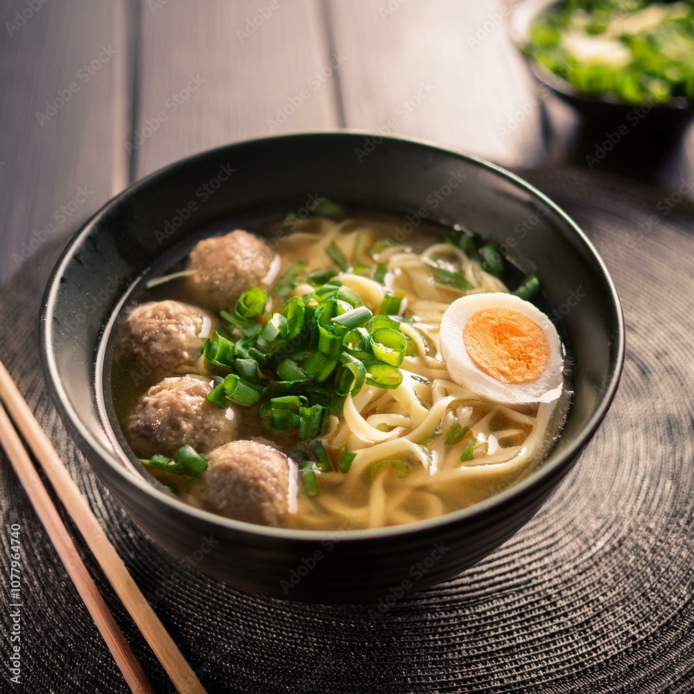 Bakso, hearty Indonesian meatball soup served in a warm broth with noodles and green onions Bakso, hearty Indonesian meatball soup served in a warm broth with noodles and green onions