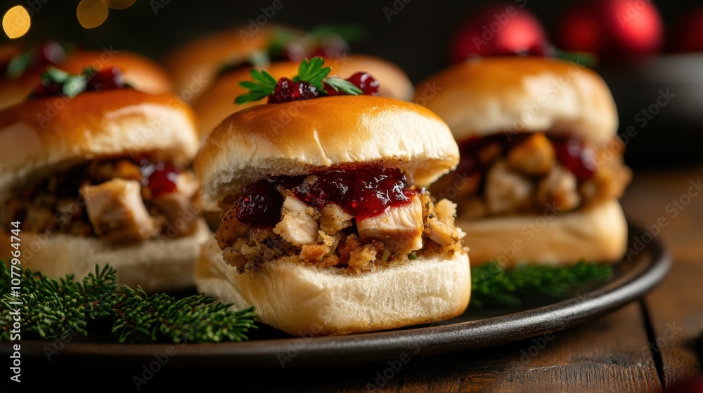 Festive sliders with turkey stuffing and cranberry sauce for holiday celebrations Festive sliders with turkey stuffing and cranberry sauce for holiday celebrations