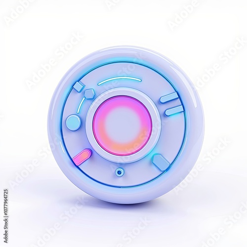 3D Futuristic Control Panel Graphic with Holographic Cartoon Overlay for Enchanting Design Projects on White Background