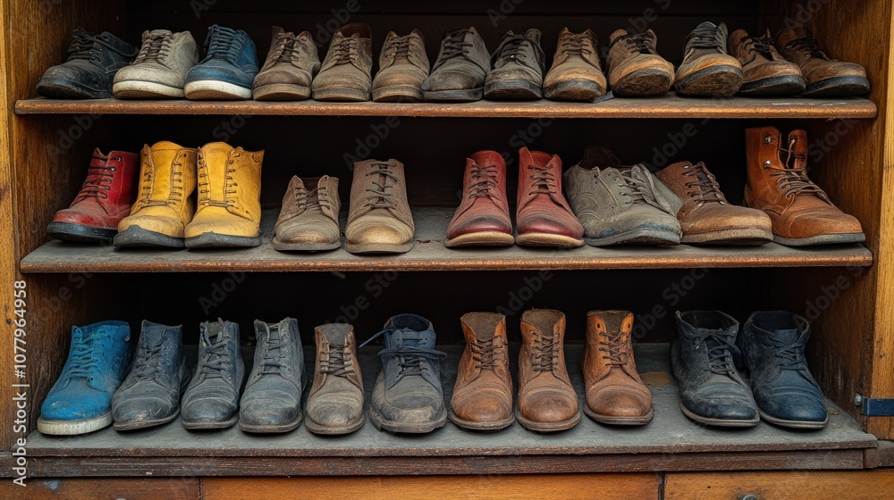 A collection of various styles of shoes on wooden shelves. A collection of various styles of shoes on wooden shelves.
