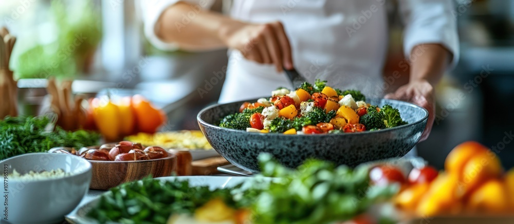 A chef serving a fresh salad with broccoli, tomatoes and cheese from a large black bowl. A chef serving a fresh salad with broccoli, tomatoes and cheese from a large black bowl.
