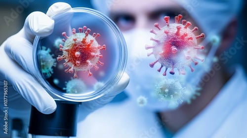 Medical professional in protective gear examines avian flu virus cells under microscope, focusing on virus study and scientific research.