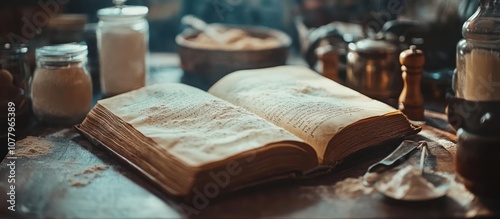 Open cookbook on a rustic wooden table with flour and kitchen utensils.