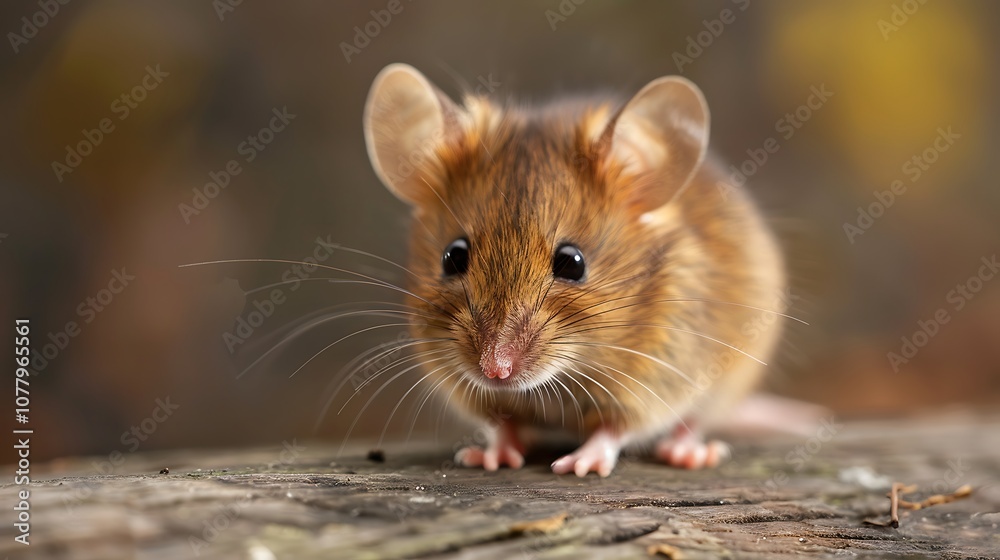 A close-up of a tiny mouse on a wooden surface featuring bokeh and soft focus A close-up of a tiny mouse on a wooden surface featuring bokeh and soft focus