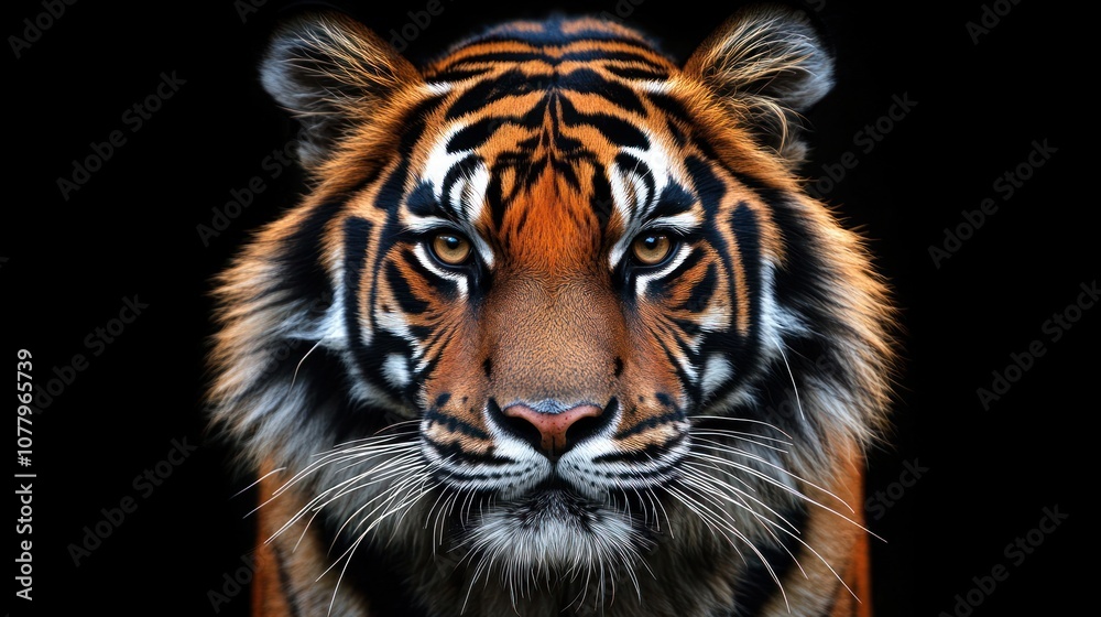 Close-up portrait of a majestic tiger staring directly at the camera with intense eyes. Its black stripes stand out against its orange fur, set against a dark background. Close-up portrait of a majestic tiger staring directly at the camera with intense eyes. Its black stripes stand out against its orange fur, set against a dark background.