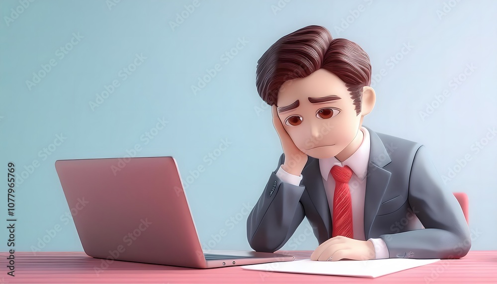 Demotivated employee, tired expression at desk, 3D illustration. Demotivated employee, tired expression at desk, 3D illustration.