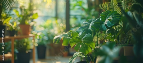 Lush green foliage of tropical plants in a sunlit interior.