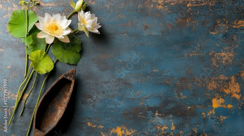 Flat lay with lotus flowers for cambodian water festival bon om touk celebration photo