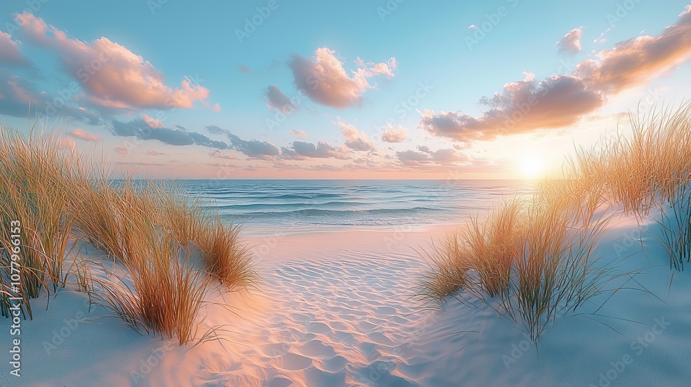 Serene beach scene at sunset with gentle waves and soft sand dunes. Serene beach scene at sunset with gentle waves and soft sand dunes.