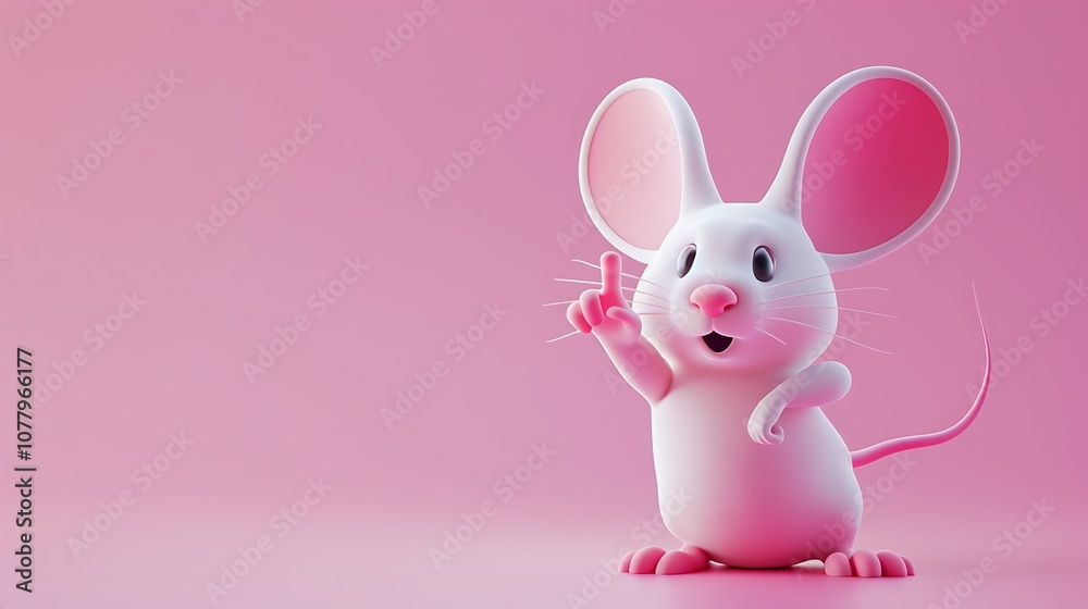 Cute cartoon mouse in a 3D art style, pointing with its hand, set against a plain pink background with copy space for text Cute cartoon mouse in a 3D art style, pointing with its hand, set against a plain pink background with copy space for text