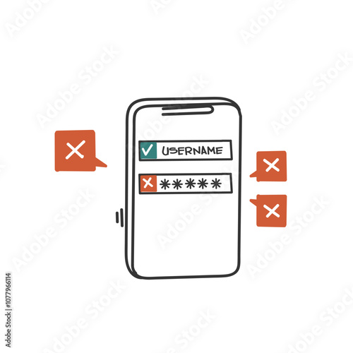 right user name and wrong password verification login on mobile phone doodle cartoon drawn style