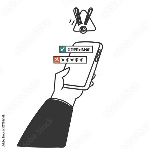 right user name and wrong password verification login on mobile phone doodle cartoon drawn style