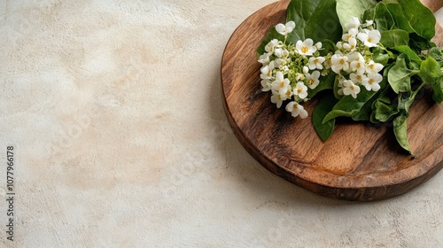 Floral flat lay for sri lankan poson poya celebration featuring fresh greenery and white blooms photo