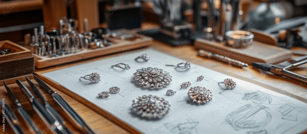 Close-up of silver jewelry laying on a white surface with tools and designs in the background. Close-up of silver jewelry laying on a white surface with tools and designs in the background.