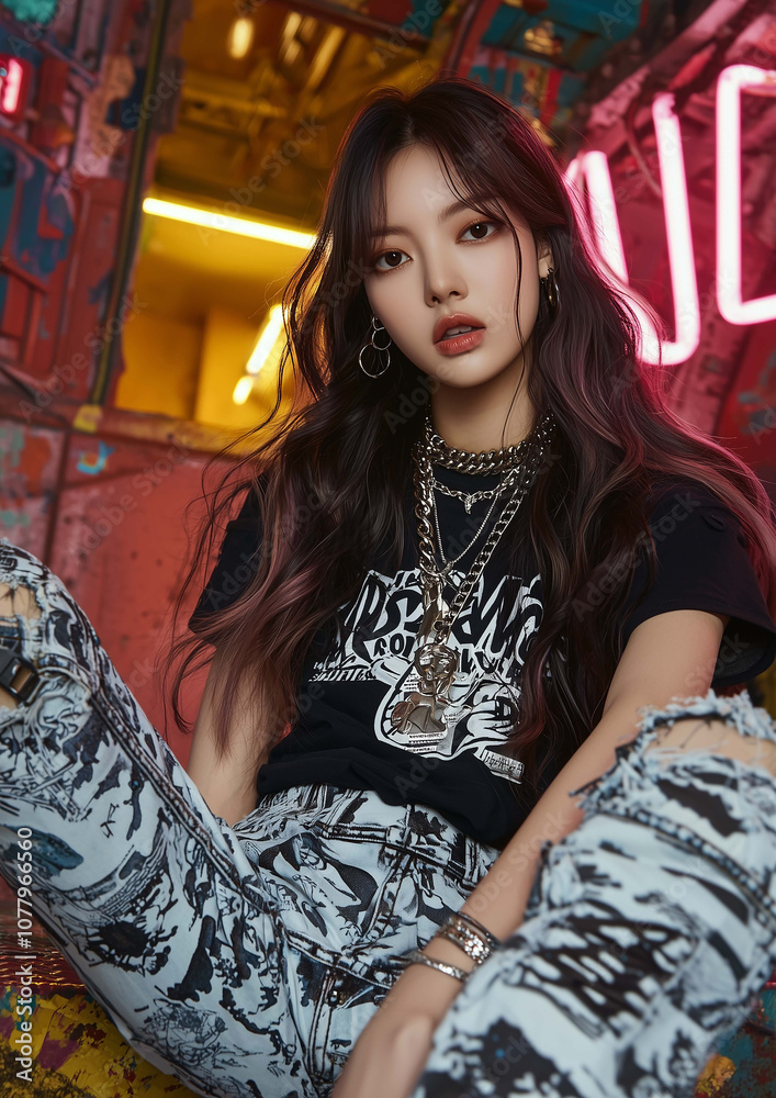 Trendy Asian Woman in Fashionable Clothing Showing Confidence and Style Trendy Asian Woman in Fashionable Clothing Showing Confidence and Style
