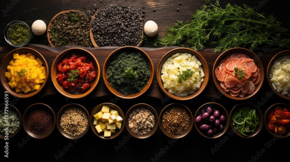 Traditional food, top view, rotation 