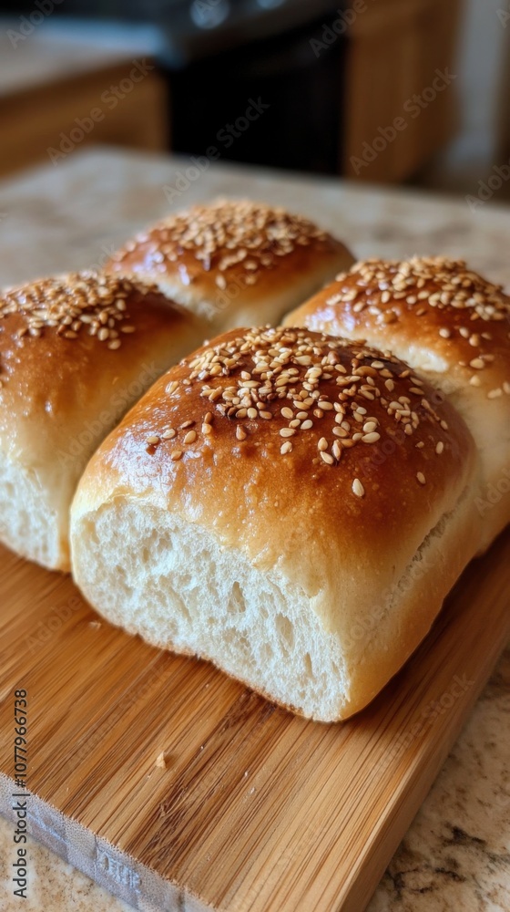 Fresh warm kaisersemmel rolls with golden crust on wooden board