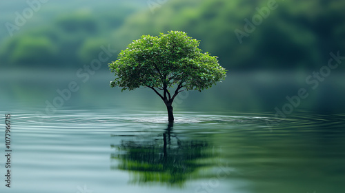 A lone tree rises from a small island, its vibrant green foliage mirrored in the still water. Soft morning light enhances the tranquil atmosphere of this peaceful natural setting.