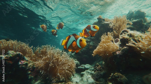A school of clownfish swim among vibrant coral reefs in a tropical ocean.