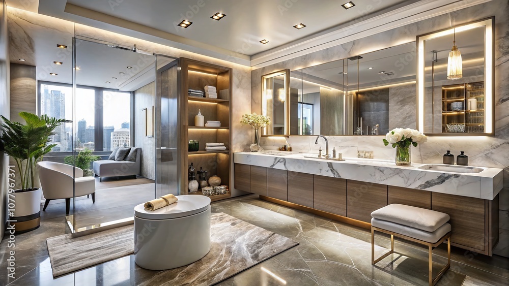 Fototapeta premium Luxurious Modern Bathroom in a Stylish Apartment Suite Featuring Elegant Amenities and Relaxing Lounge Area for a Comfortable Living Experience