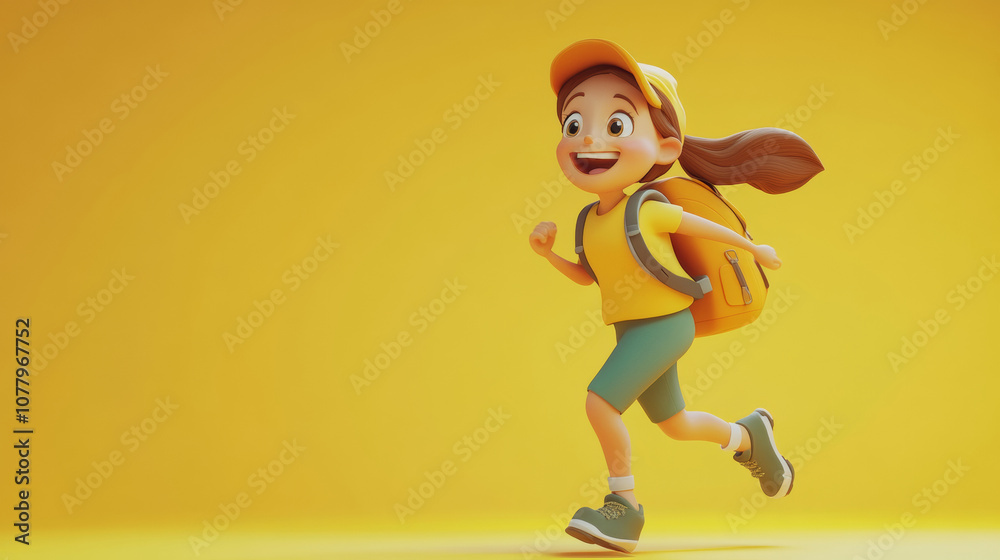 A happy child in a yellow outfit runs energetically, wearing a backpack and a cap, enjoying a sunny day. The bright yellow backdrop enhances the playful atmosphere. With copy space for text. A happy child in a yellow outfit runs energetically, wearing a backpack and a cap, enjoying a sunny day. The bright yellow backdrop enhances the playful atmosphere. With copy space for text.