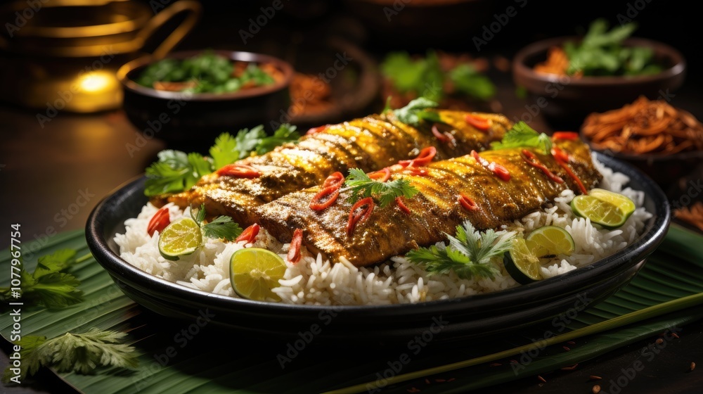 Traditional Indian fish curry made with tapioca and spicy Kerala-style Traditional Indian fish curry made with tapioca and spicy Kerala-style