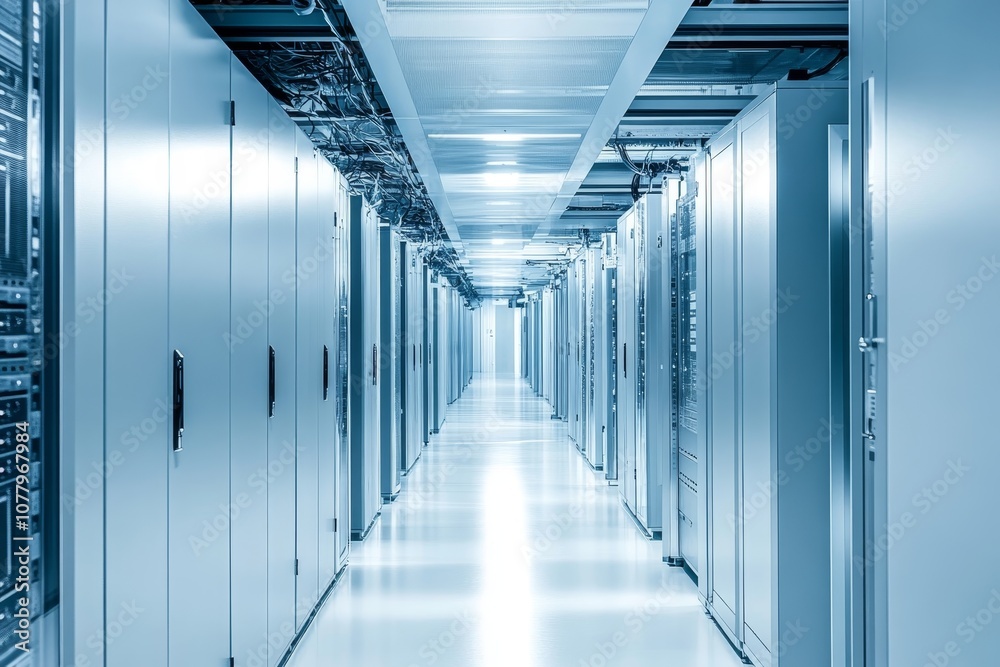 Modern server room with metallic cabinets and bright lighting, enhanced by soft blue color filter Modern server room with metallic cabinets and bright lighting, enhanced by soft blue color filter