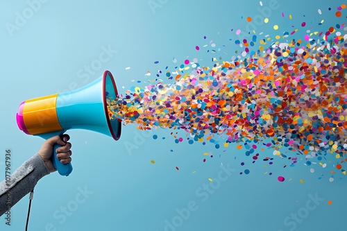 Wallpaper Mural A blue megaphone with an orange handle and a black cord is held by an unseen hand. The megaphone is pointed to the right and is emitting a stream of colorful confetti, against a light blue background. Torontodigital.ca