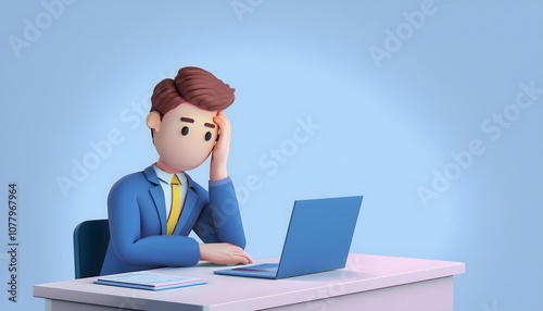 Demotivated employee, tired expression at desk, 3D illustration.