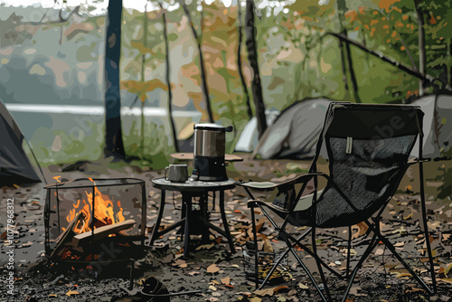 Fall campsite with campfire and orange tent Empty Chairs and Benches Around a Campfire in Autumn