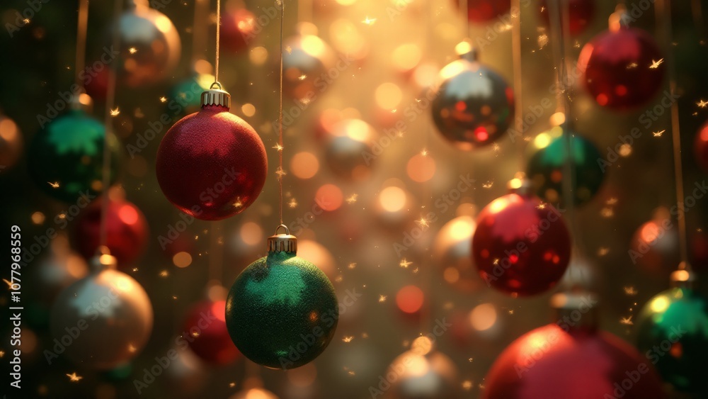 A cascade of sparkling Christmas ornaments falling through the air A cascade of sparkling Christmas ornaments falling through the air
